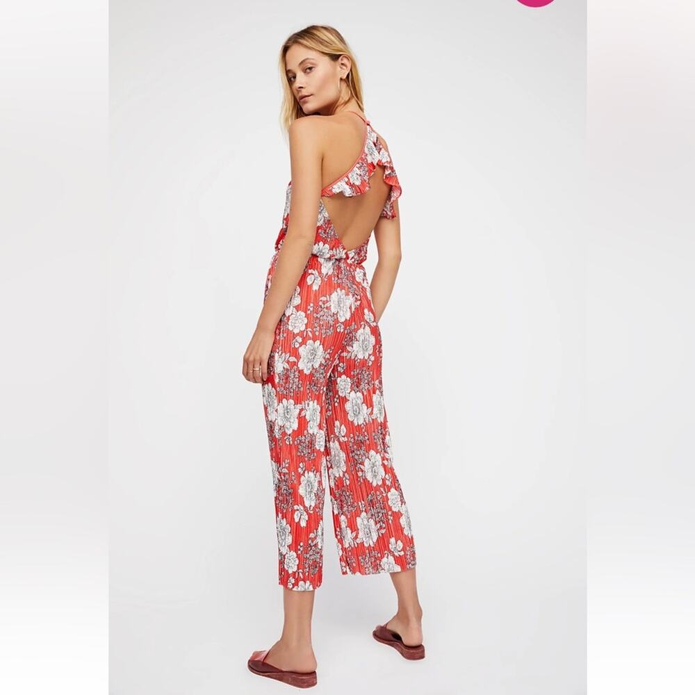 Free People Fresh Fields Pleated Jumpsuit Orange white floral crinkle flutter L